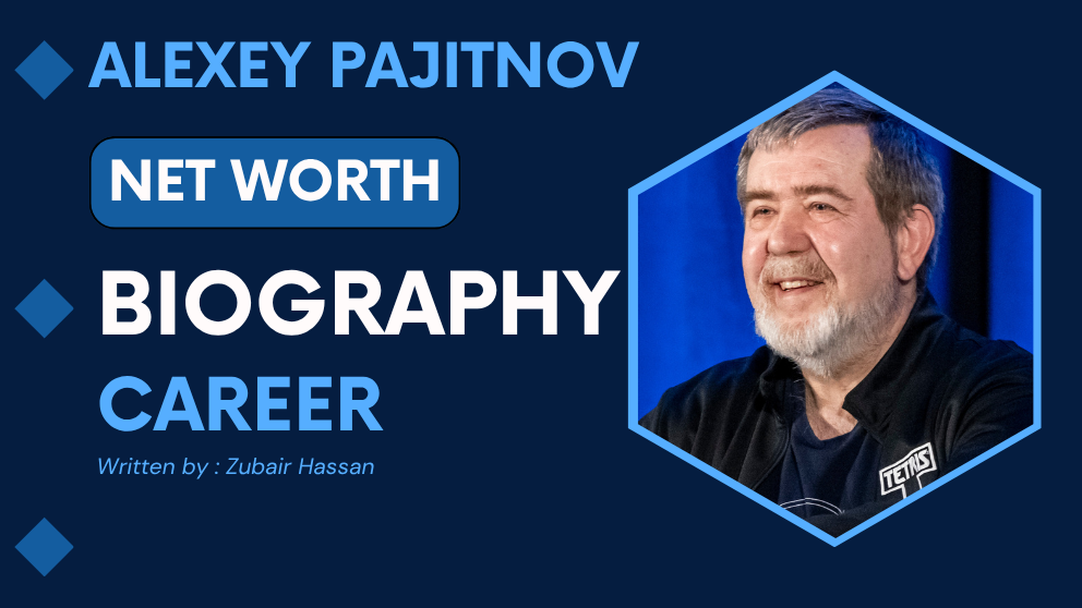 Alexey Pajitnov smiling in front of Tetris visuals, representing his $30 million net worth and legacy as the creator of one of the most iconic video games in history.